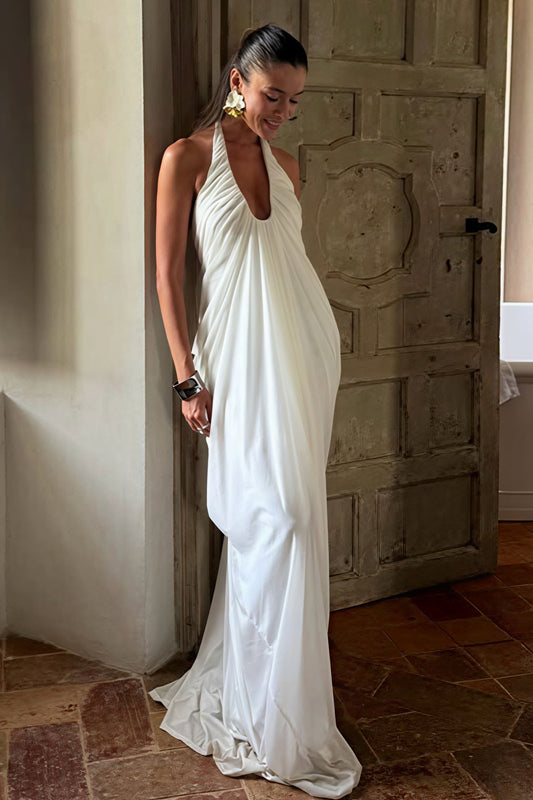 Loose V Neck Ruffled Halter Tulle Maxi Dress