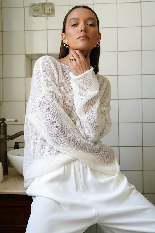 Sheer Boat Neck Bell Sleeve Knit Sweater