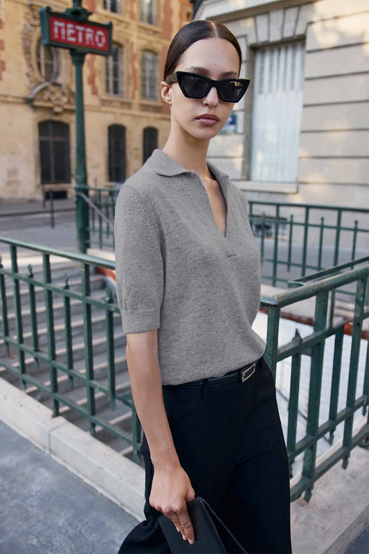 Open Collar Short Sleeve Polo Knit Sweater