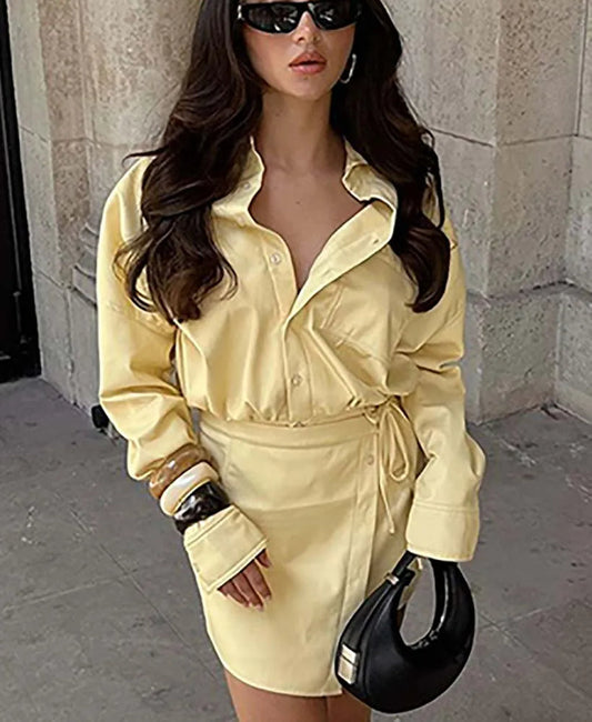 Yellow Cotton Pockets Lace-Up Mini Office Two Piece Set