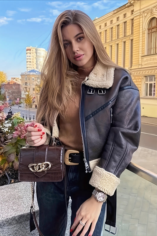 Cropped Shearling Faux Leather Moto Coat