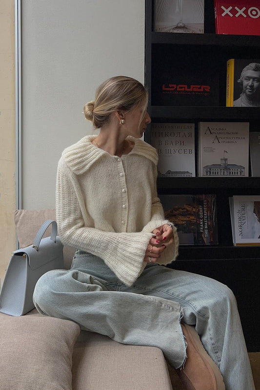 Ruffled Collar Flare Sleeve Knit Sweater White / S