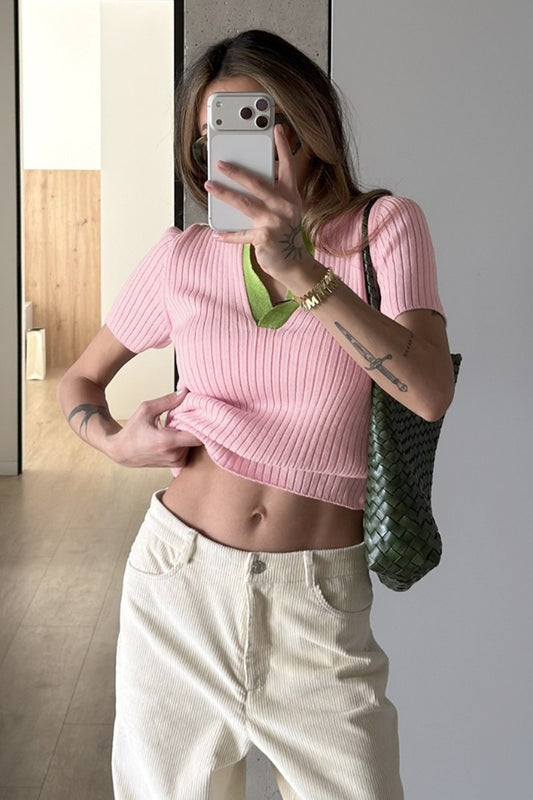 Contrast Collar Ribbed Polo Knit Sweater