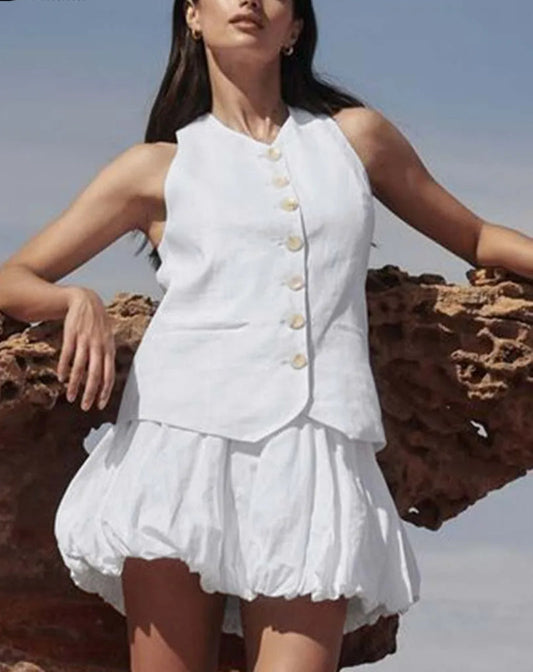 White Cotton Sleeveless Pleated Office Two Piece Set