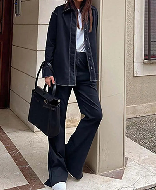 Navy Blue Button Pockets Trousers Office Two Piece Set