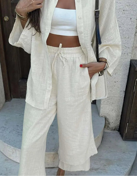 Apricot Cotton Drawstring Trousers Office Two Piece Set