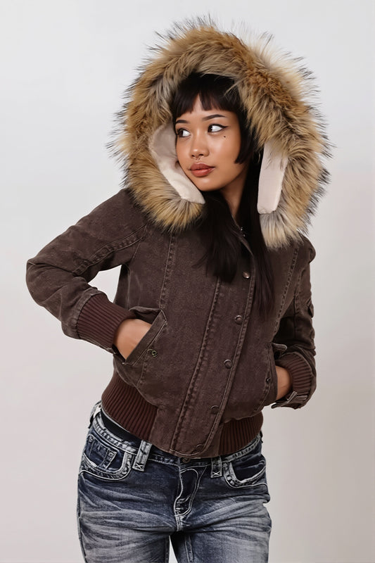 Faux Fur Trim Hooded Utility Jacket