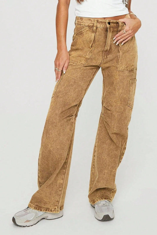 Y2K Washed Brown Straight Leg Cargo Jeans Brown / S
