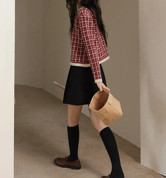 Plaid Tweed Retro Red O-Neck Cardigan Cardigan-241208