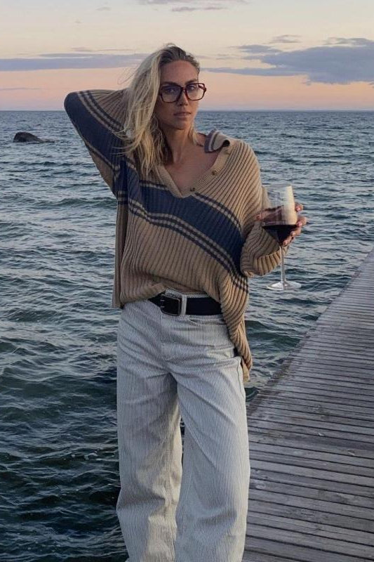 Striped Colorblock Long Sleeve Knit Sweater