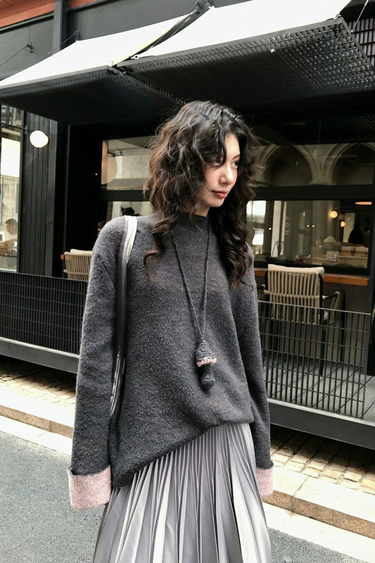 Color-Block Mock Neck Loose Lazy-Style Knit Sweater