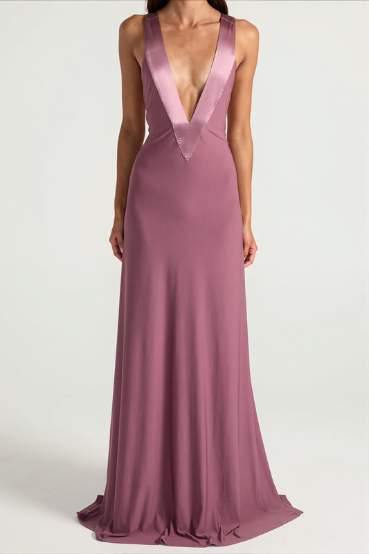 Deep V Satin Backless Maxi Dress