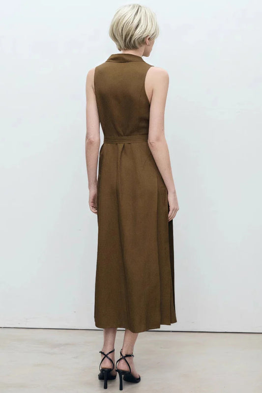 V Neck Sleeveless Waist Tie Shirt Maxi Dress