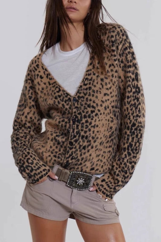 Leopard Print V-Neck Soft Fuzzy Retro Cardigan