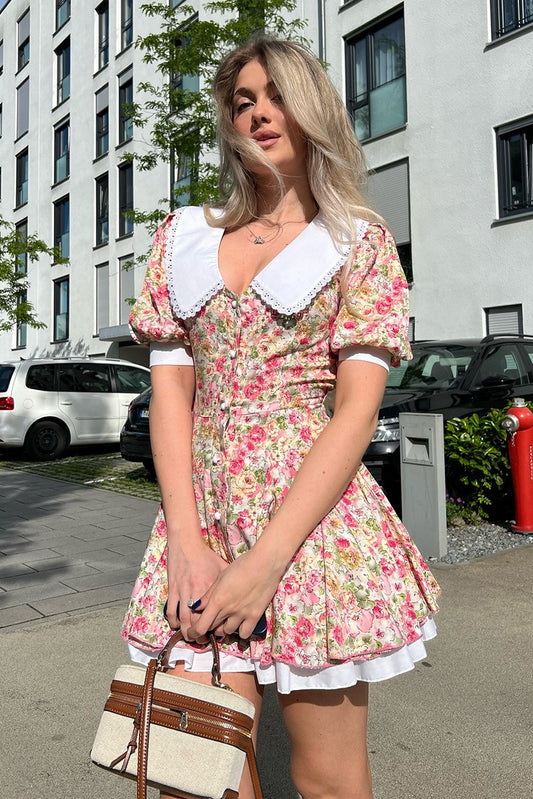 Peter Pan Collar Floral Puff Sleeve Button Mini Dress