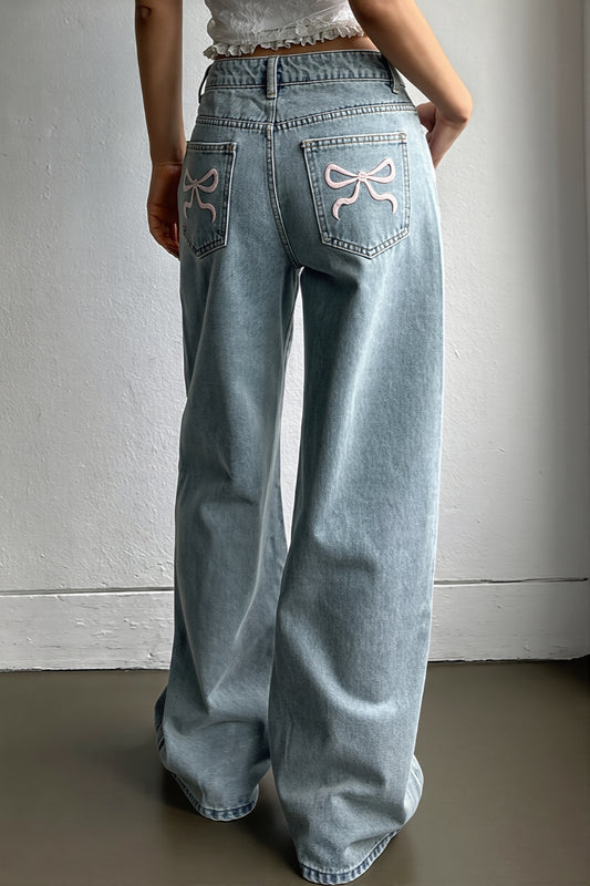 Bow Embroidered Light Blue Loose Jeans