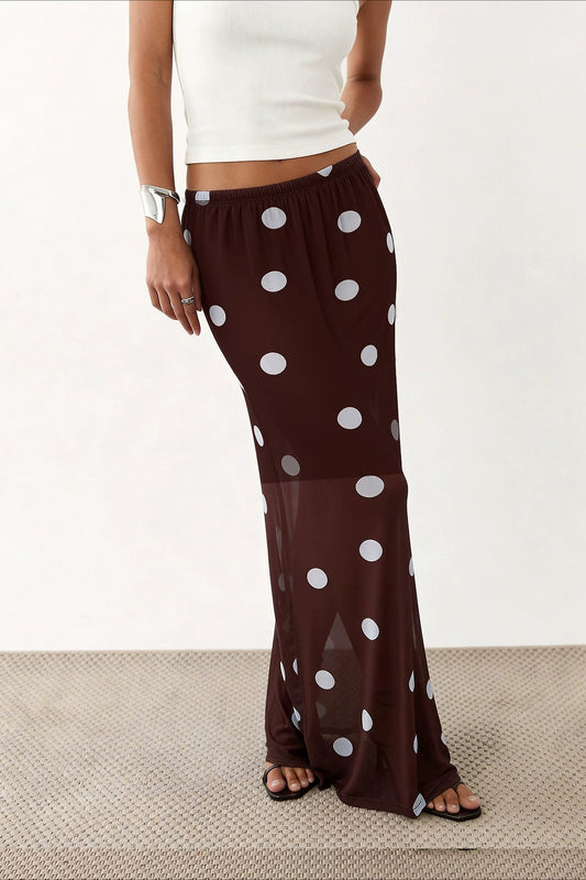 Brown Polka Dot Sheer Mesh Maxi Skirt
