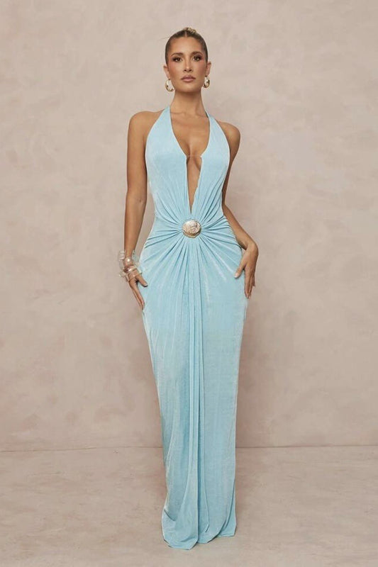 Deep V Halter Ruched Metal Trim Backless Maxi Dress