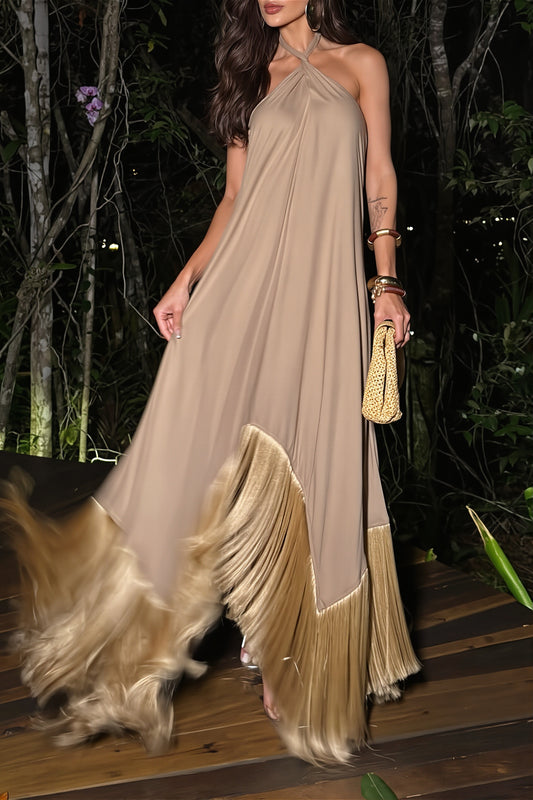 Halter Fringe Maxi Party Dress