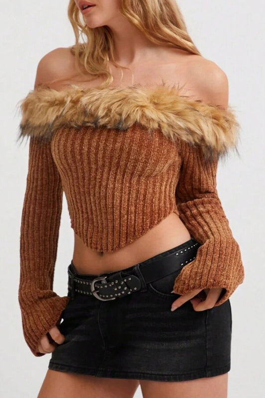 Off-the-Shoulder Fur Trim Slim Sweater