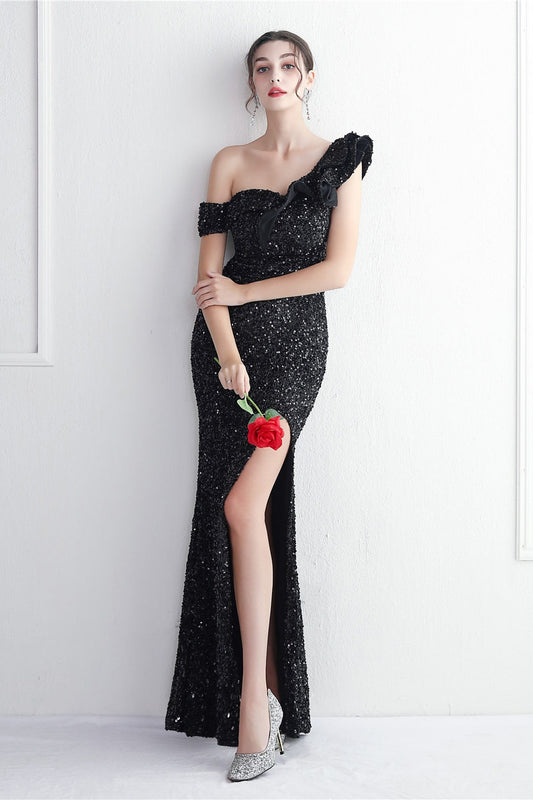 Embellished One Shoulder Mermaid Formal Dress S / Black
