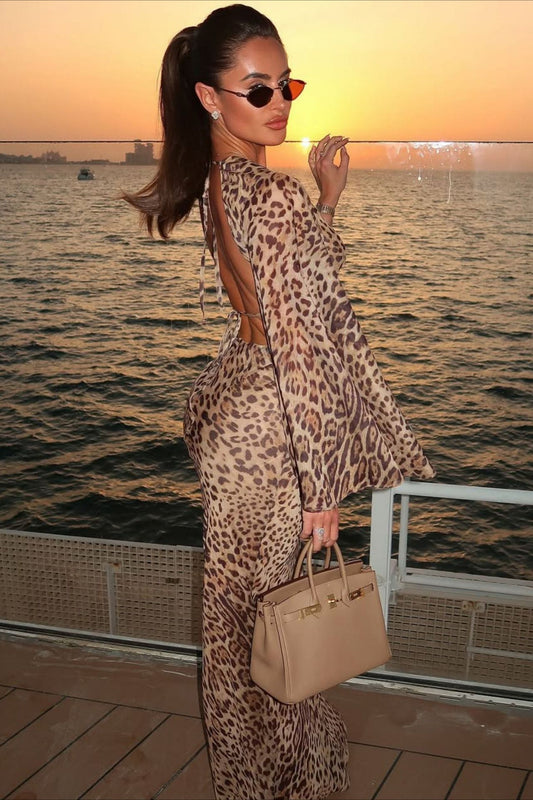 Deep V Leopard Tie Waist Bodycon Maxi Dress