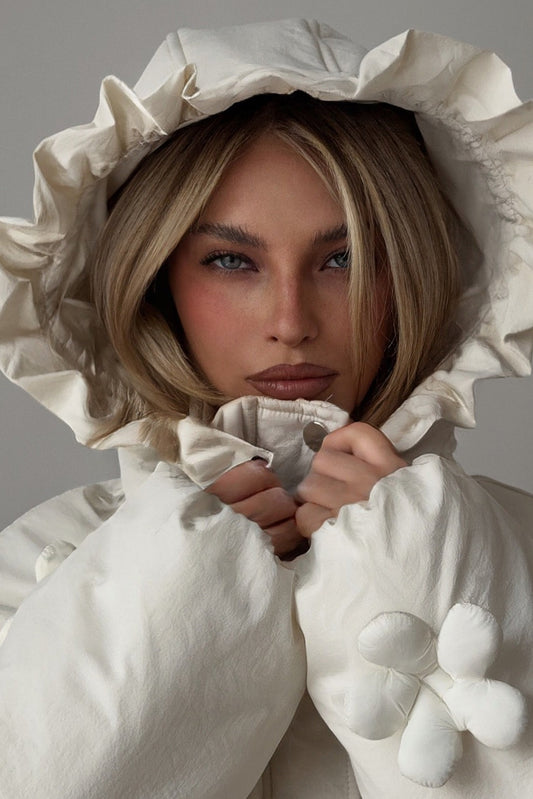 3D Floral Cropped Hooded Puffer Jacket