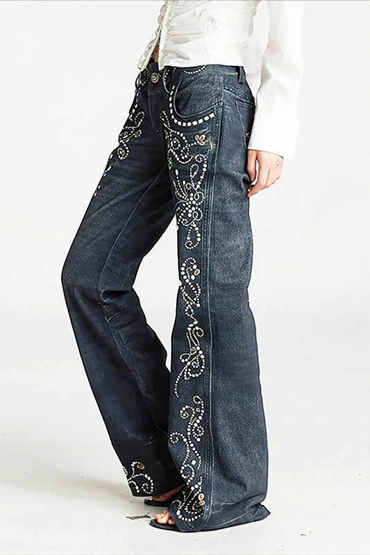 Ornate Scroll Print Washed Flare Jeans