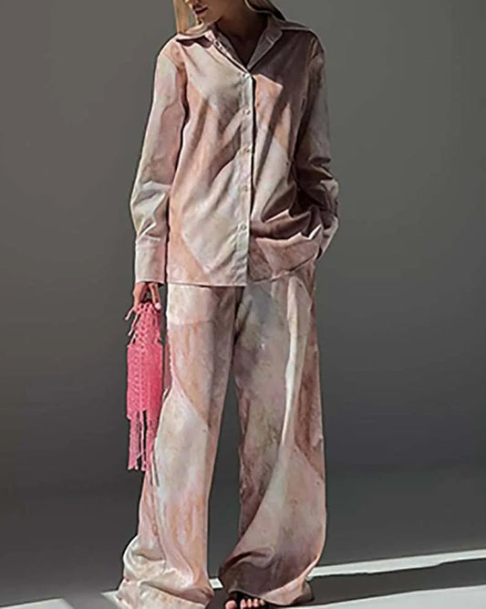 Pink Print Lapel Drawstring Trousers Office Two Piece Set