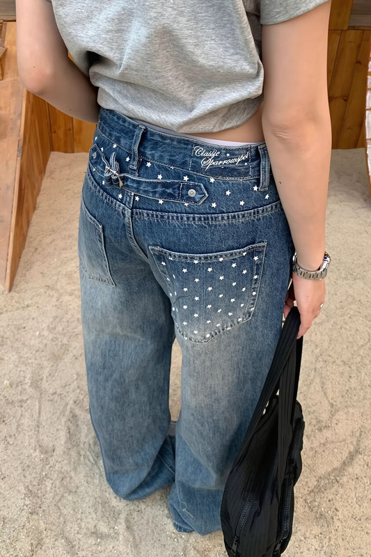 Rhinestone Embellished Pocket Jeans