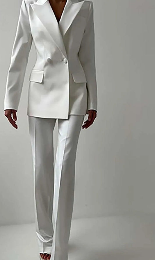 White Double Breasted Straight Trousers Office Two Piece Set