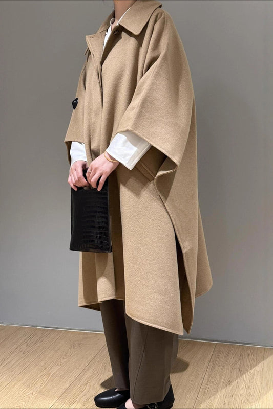 Beige Lapel Double Faced Wool Blend Cape Convertible Overcoat