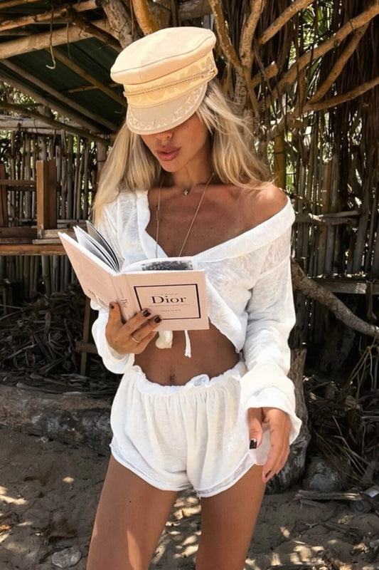 Sheer Knit Tie Front Cardigan Shorts Two Piece Set