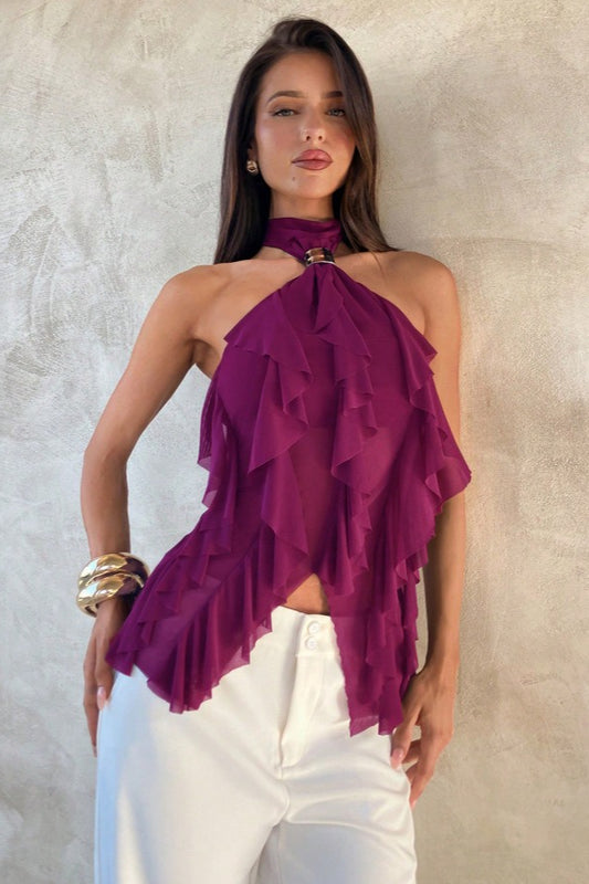 Chic Solid Ruffle Slim Halter Top