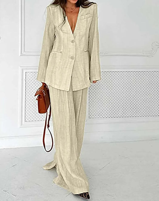 Khaki Deep V-Neck Loose Trousers Office Two Piece Set