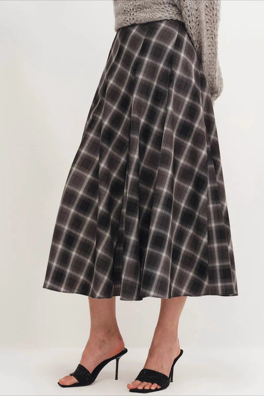 Wool Plaid Waist Defined A-Line Skirt