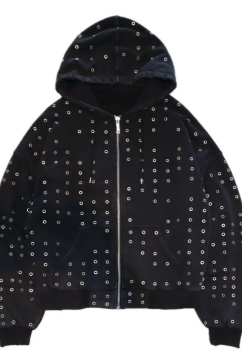 Eyelet Rhinestone Zip-Up Hoodie