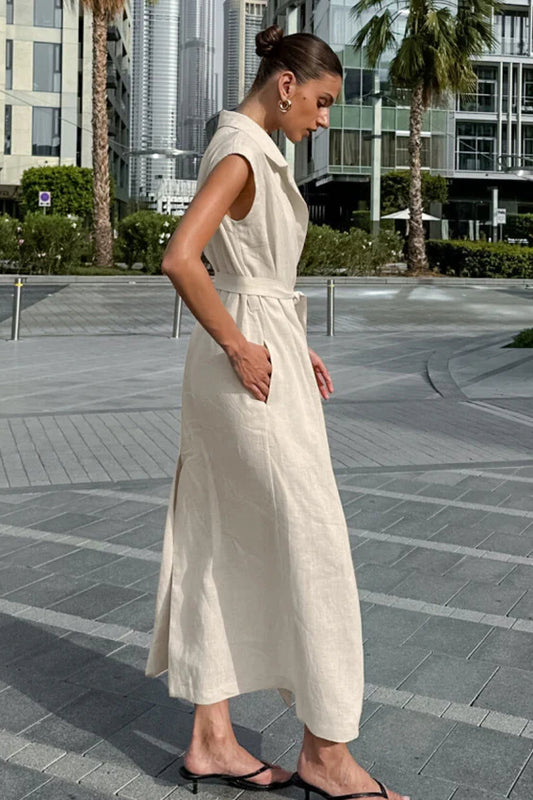 Khaki Cotton Linen Belted Shirt Maxi Dress