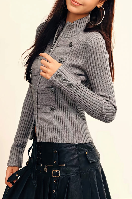 Military Button Zip Front Cardigan