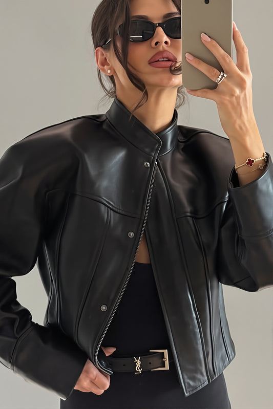 Snap Collar Faux Leather Bomber Jacket