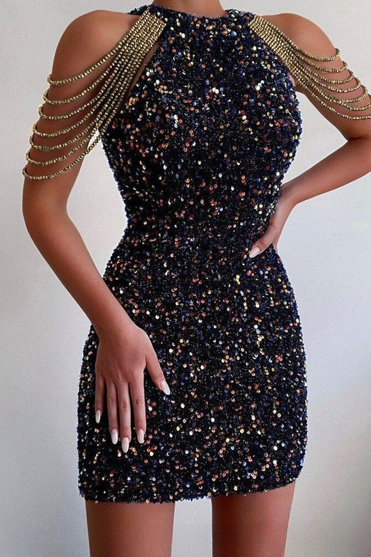 Chic Halter Crystal Chain Bodycon Mid Waist Sequin Dress
