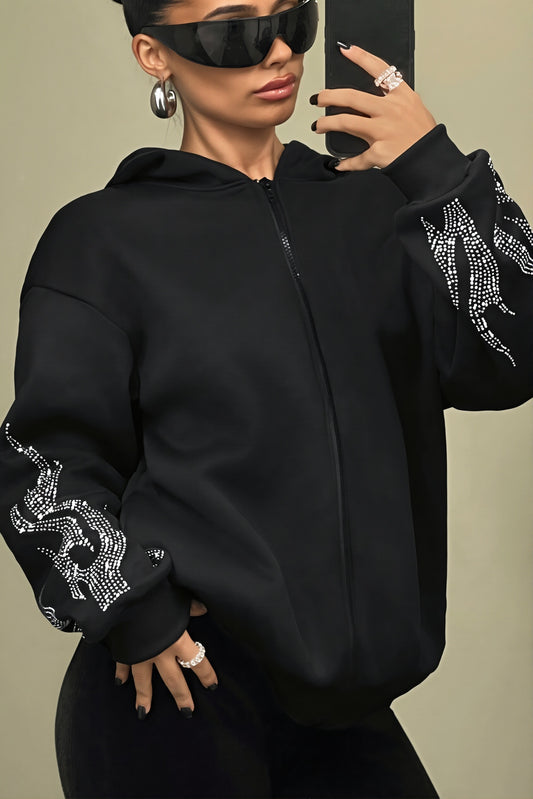 Rhinestone Flame Zip Hoodie