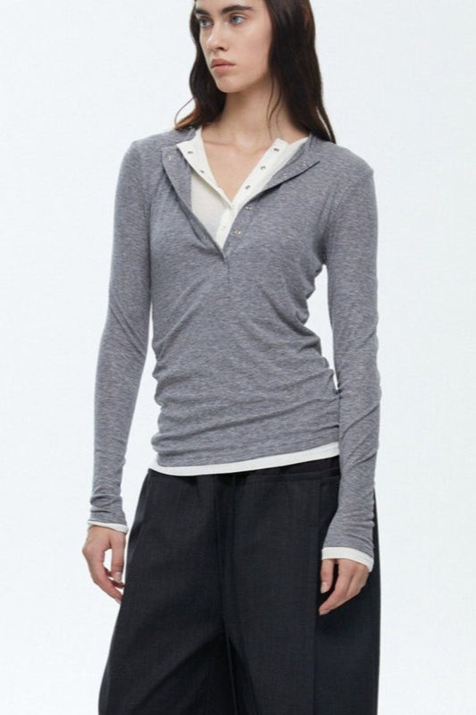 Button Detail Layered Long Sleeve Knit Top