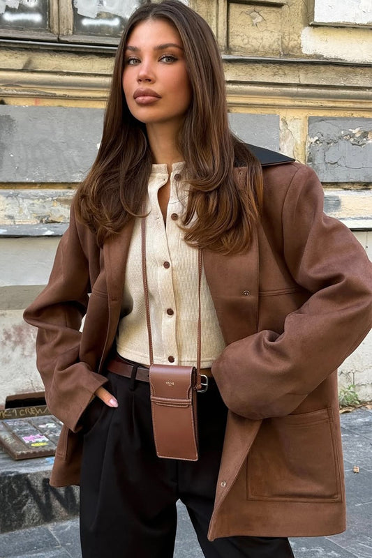 Contrast Collar Oversized Faux Suede Jacket