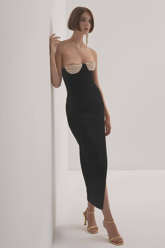Solid Black Pearl-Cup Stretchy Bodycon Wedding Dress Black / XS
