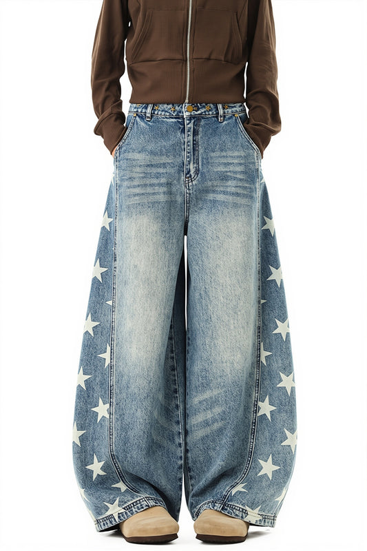 Star Print Barrel Leg Jeans