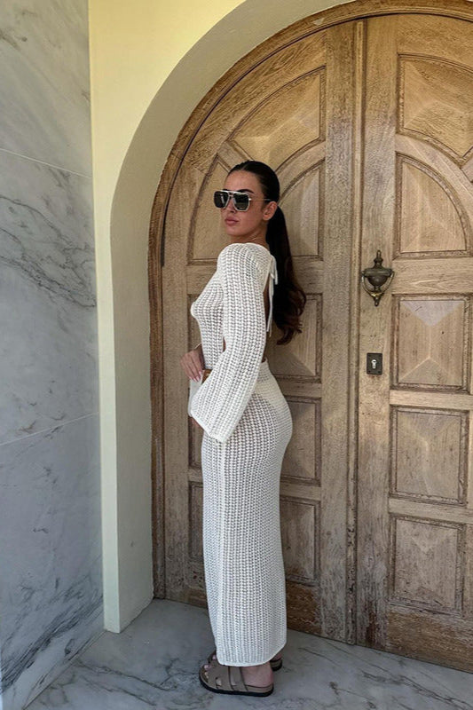 V Neck Backless Knit Beach Maxi Dress