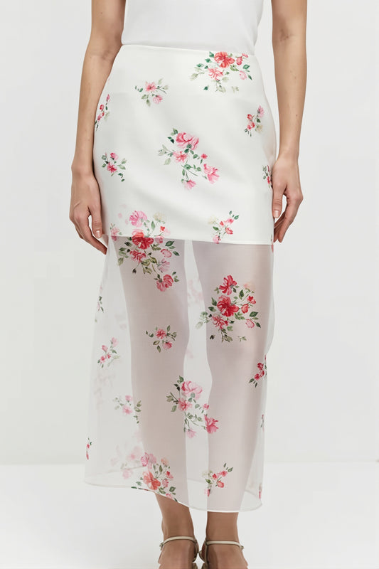 Elegant Floral See Through Split Skirt