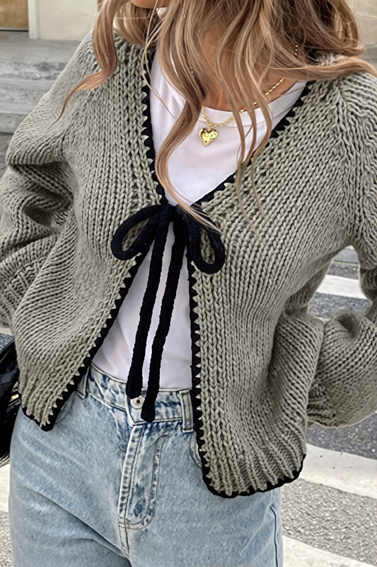 Contrast Edge V Neck Tie Front Cardigan