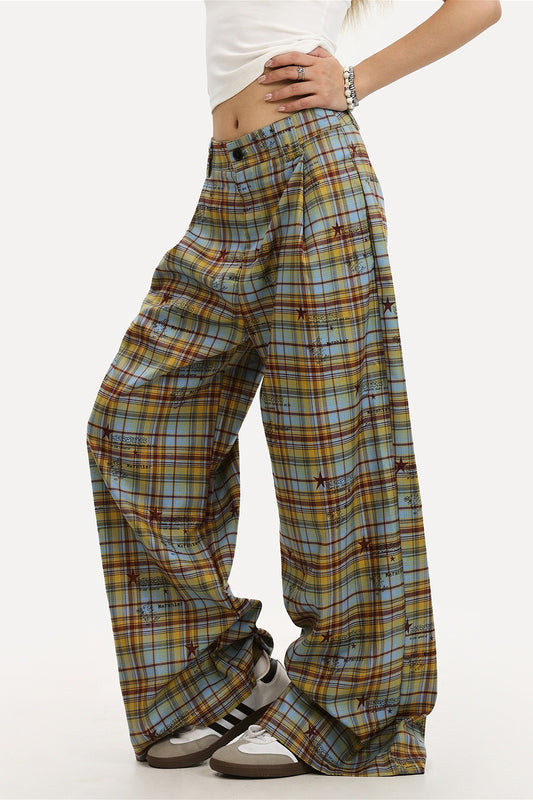 Star Plaid Drawstring Wide Leg Pants
